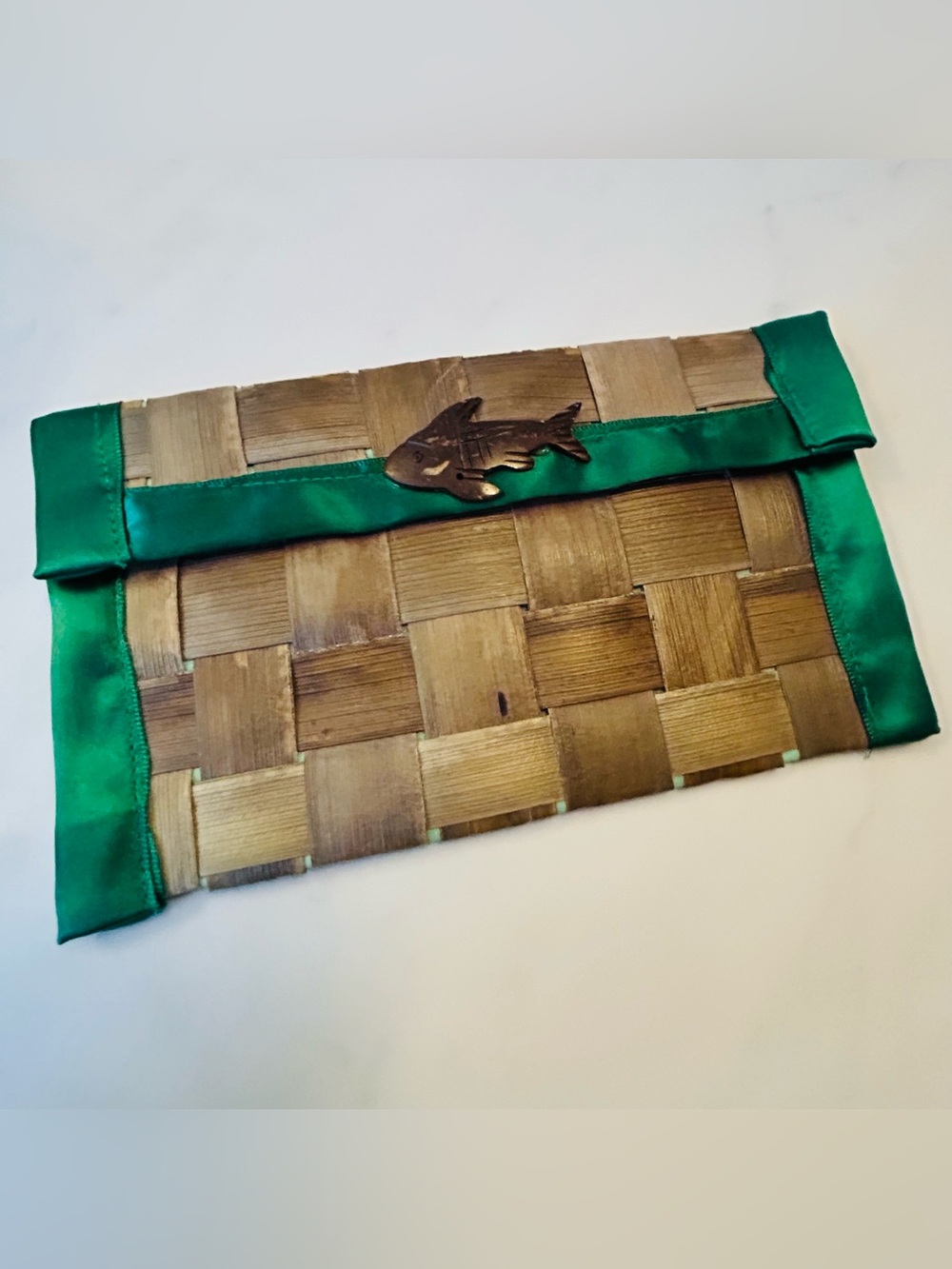 Vintage 70s/80s Handmade Palm Leaf Wallet w/ Soapstone Shark Detail + Green Trim
